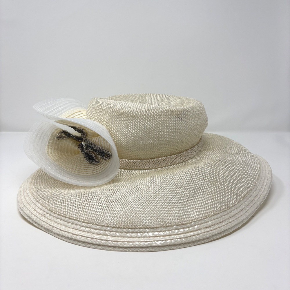 Vintage Jack McConnell Boutique Ivory Wide Brim Church Derby Wedding Hat‎ Beaded